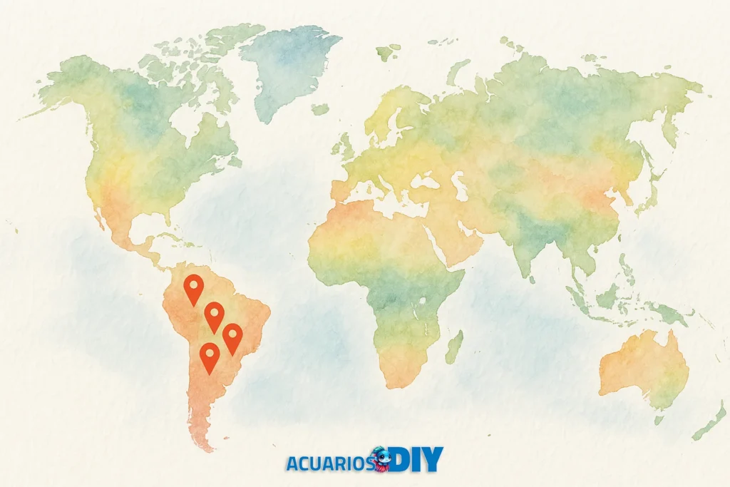 Mapa mundial en acuarela con cuatro marcadores rojos ubicados en América del Sur, señalando las zonas donde se encuentra el pez Gancho Rojo. Imagen de acuariosdiy.com.