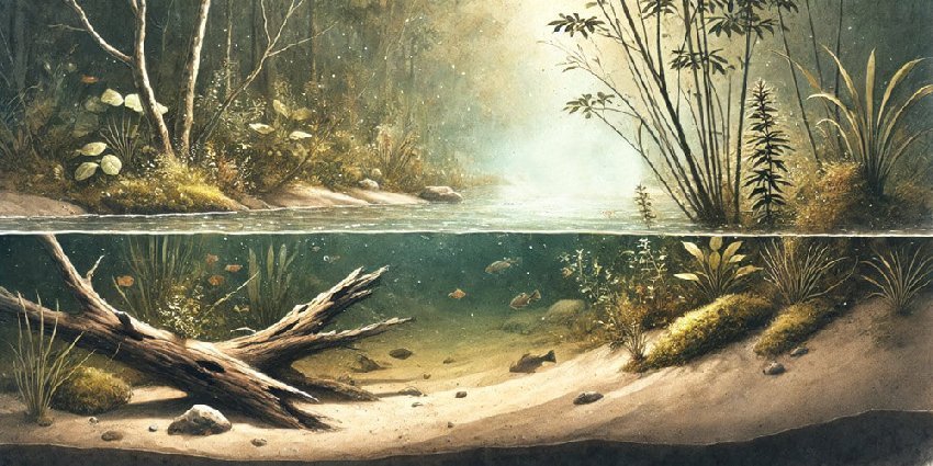 Ecosistema de río amazónico representado en corte transversal, mostrando vegetación densa en la superficie y vida acuática con peces y troncos sumergidos en el lecho del río.
